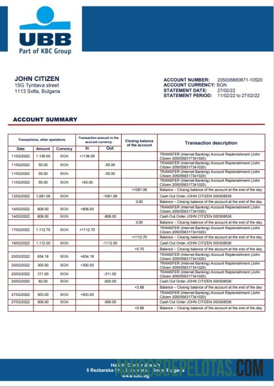 Modelo de comprovante de endereço do banco UBB para impressão na Bulgária em formato Word e PDF